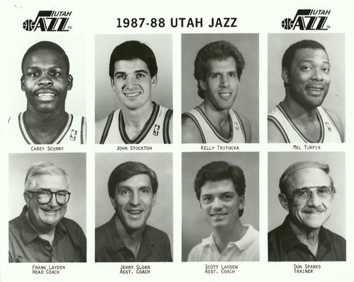 1987-88 Utah Jazz #NNO Carey Scurry / John Stockton / Kelly Tripucka / Mel Turpin / Frank Layden / Jerry Sloan / Scott Layden / Don Sparks Front