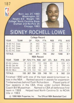 1990-91 Hoops #187 Sidney Lowe Back