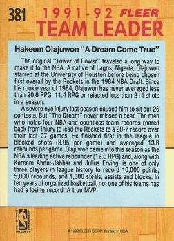 1991-92 Fleer #381 Hakeem Olajuwon Back