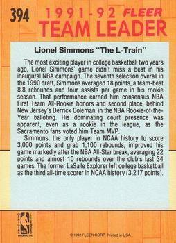 1991-92 Fleer #394 Lionel Simmons Back