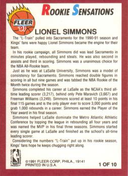 1991-92 Fleer - Rookie Sensations #1 Lionel Simmons Back