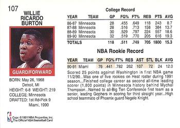 1991-92 Hoops #107 Willie Burton Back