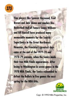 1991-92 SkyBox #375 Seattle SuperSonics Back