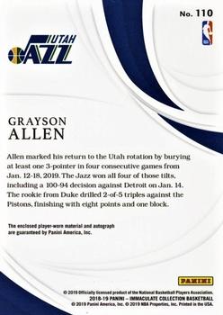 2018-19 Panini Immaculate Collection #110 Grayson Allen Back