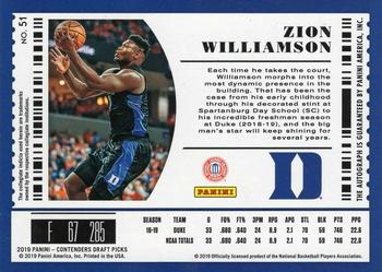 2019 Panini Contenders Draft Picks #51 Zion Williamson Back