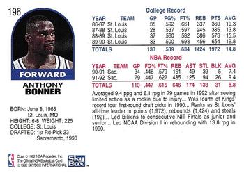 1992-93 Hoops #196 Anthony Bonner Back