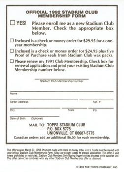 1992-93 Stadium Club #NNO 1992 Stadium Club Membership Form Back