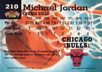 1992-93 Stadium Club #210 Michael Jordan Back