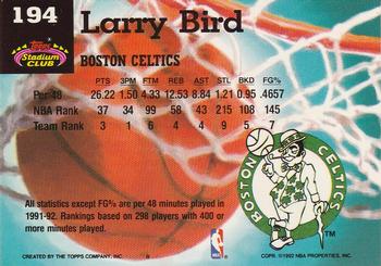 1992-93 Stadium Club #194 Larry Bird Back