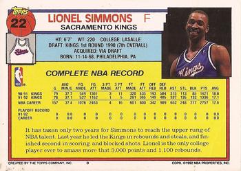 1992-93 Topps #22 Lionel Simmons Back
