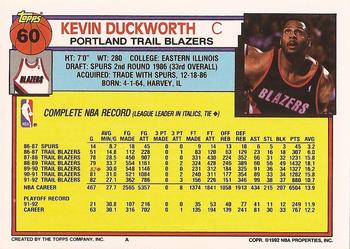 1992-93 Topps #60 Kevin Duckworth Back