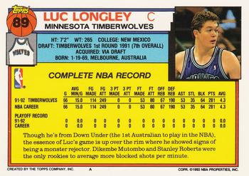 1992-93 Topps #89 Luc Longley Back