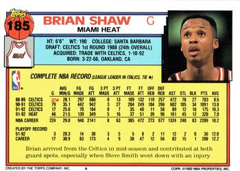 1992-93 Topps #185 Brian Shaw Back