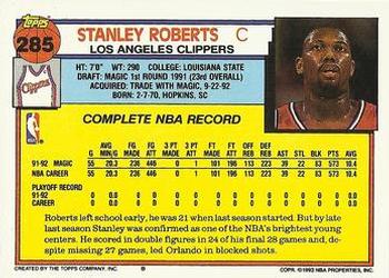 1992-93 Topps #285 Stanley Roberts Back
