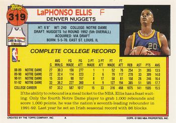 1992-93 Topps #319 LaPhonso Ellis Back