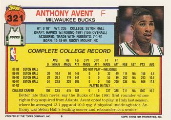1992-93 Topps #321 Anthony Avent Back