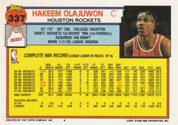 1992-93 Topps #337 Hakeem Olajuwon Back