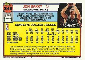 1992-93 Topps #348 Jon Barry Back