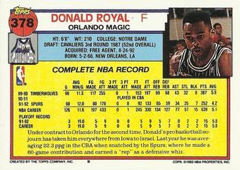 1992-93 Topps #378 Donald Royal Back