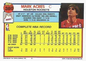 1992-93 Topps #380 Mark Acres Back
