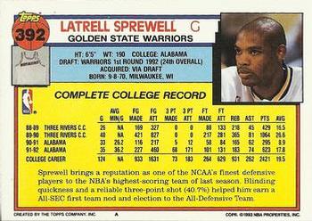 1992-93 Topps #392 Latrell Sprewell Back