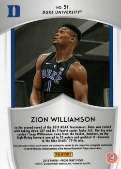 2019 Panini Prizm Draft Picks #51 Zion Williamson Back