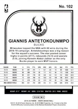 2019-20 Hoops #102 Giannis Antetokounmpo Back