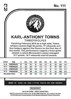 2019-20 Hoops #111 Karl-Anthony Towns Back