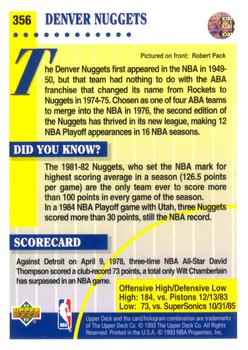1992-93 Upper Deck #356 Denver Nuggets Back