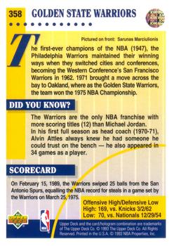 1992-93 Upper Deck #358 Golden State Warriors Back