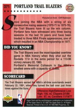 1992-93 Upper Deck #371 Portland Trail Blazers Back