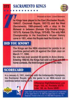 1992-93 Upper Deck #372 Sacramento Kings Back