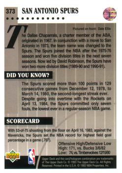 1992-93 Upper Deck #373 San Antonio Spurs Back