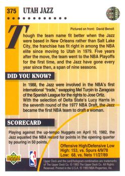 1992-93 Upper Deck #375 Utah Jazz Back