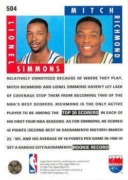 1992-93 Upper Deck #504 Lionel Simmons / Mitch Richmond Back