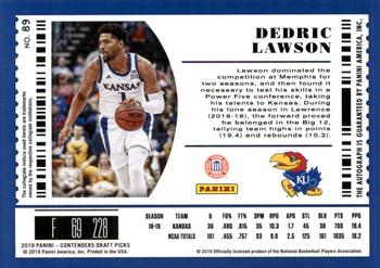 2019 Panini Contenders Draft Picks - Draft Ticket Blue Foil #89 Dedric Lawson Back
