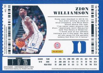 2019 Panini Contenders Draft Picks - Draft Ticket Red Foil #51 Zion Williamson Back