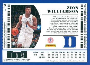 2019 Panini Contenders Draft Picks - Draft Ticket Red Foil #51 Zion Williamson Back