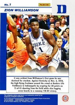 2019 Panini Contenders Draft Picks - Game Day Ticket Blue Foil Signatures #1 Zion Williamson Back