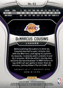 2019-20 Panini Certified #63 DeMarcus Cousins Back