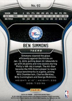2019-20 Panini Certified #92 Ben Simmons Back