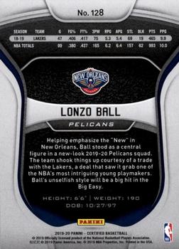 2019-20 Panini Certified #128 Lonzo Ball Back