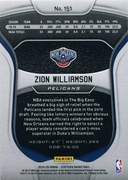 2019-20 Panini Certified #151 Zion Williamson Back
