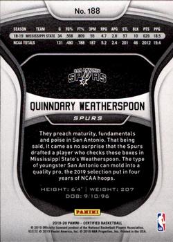 2019-20 Panini Certified #188 Quinndary Weatherspoon Back