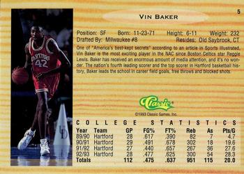 1993 Classic Draft Picks #5 Vin Baker Back