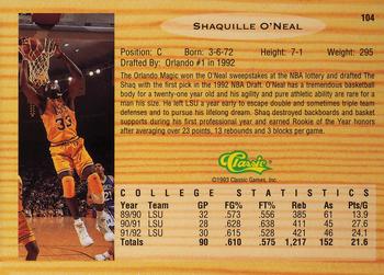 1993 Classic Draft Picks #104 Shaquille O'Neal Back
