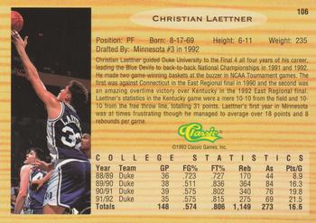 1993 Classic Draft Picks #106 Christian Laettner Back