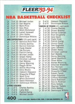 1993-94 Fleer #400 Checklist: 355-400 and Inserts Back