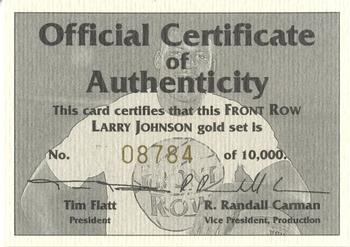 1991 Front Row Larry Johnson - Gold Charter Member #NNO Certificate of Authenticity Front
