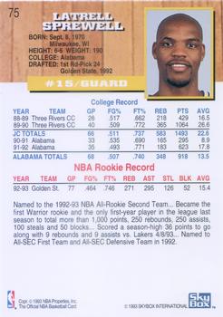 1993-94 Hoops #75 Latrell Sprewell Back